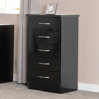 Seconique Nevada 5 Drawer Narrow Chest In Gloss Finish Black