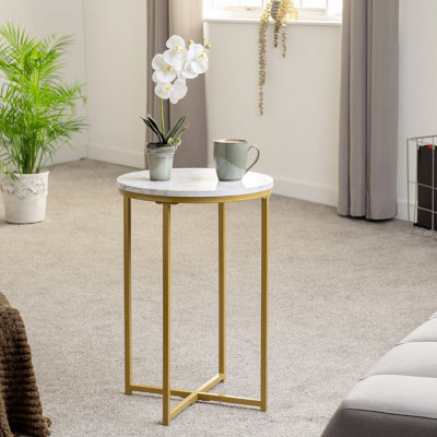 B&Q -  Dallas Round Side End Table Marble Effect And Gold Tone Metal Finish