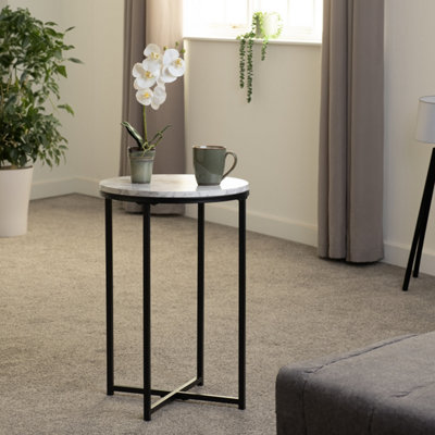 B&Q -  Dallas Round Side End Table Marble Effect And Black Metal Finish