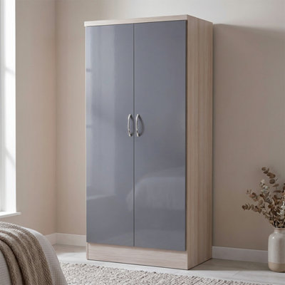 Seconique Nevada 2 Door All Hanging Wardrobe In Gloss And Oak Effect Veneer Grey/Light