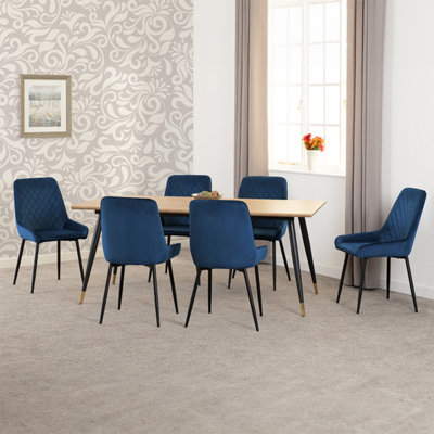 Seconique Hamilton Large Dining Set Oak Effect With 6 Sapphire Blue Velvet Avery Chairs