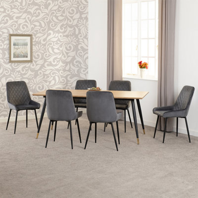 Seconique Hamilton Large Dining Set Oak Effect With 6 Grey Velvet Avery Chairs