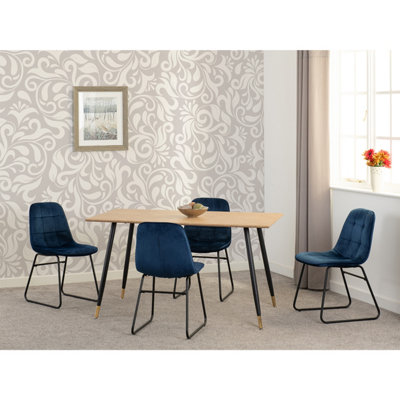 B&Q -  Hamilton Dining Set With 4 Lukas Chairs Medium Oak Effect Blue Velvet Chairs