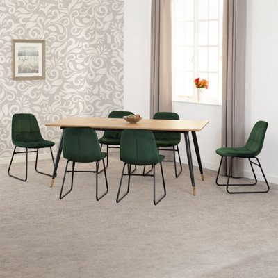 Seconique Green Hamilton Dining Set Oak Effect With 6 Velvet Lukas Chairs Large