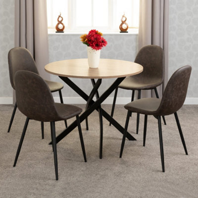 Seconique Sheldon Round Sonoma Oak Effect Dining Set With Pu Leather Athens Chairs Brown