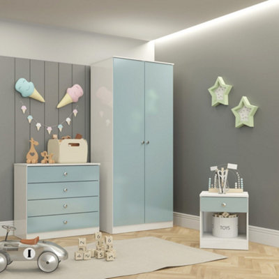 B&Q -  Denver Trio Bedroom Set Blue Gloss Wardrobe Chest Of Drawers Bedside