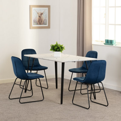 B&Q -  Marlow Dining Set With Lukas ChairsWhite Marble Effect/black/sapphire Blue Velvet