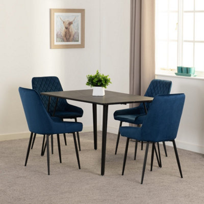 Seconique Marlow Dining Set Marble With 4 Avery Velvet Chairs Black/Blue