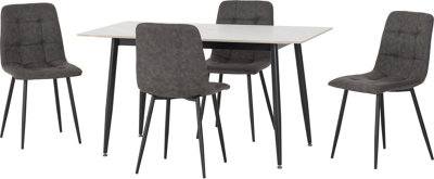 Seconique Fenton Dining Set White Marble Stone Effect With 4 Grey Suede Fabric Chairs from B&Q