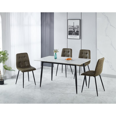 Seconique Fenton Dining Set White Marble Stone Effect With 4 Olive Green Suede Chairs from B&Q