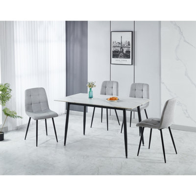 Seconique Fenton Dining Set Marble Stone Effect With 4 Fabric Chairs White/Light/Grey