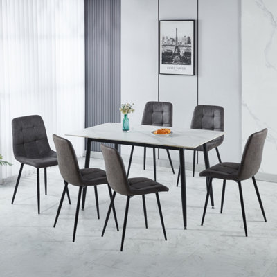Seconique Fenton Dining Set Marble Stone Effect With 6 Suede Fabric Chairs White/Dark/Grey