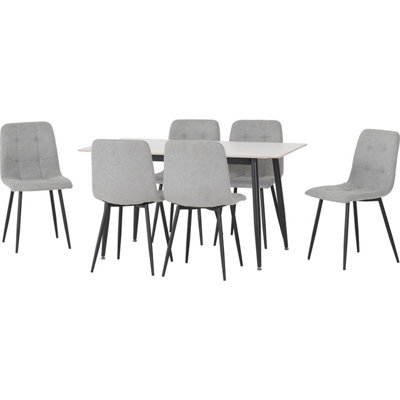 Seconique Fenton Dining Set Marble Stone Effect With 6 Fabric Chairs White/Light/Grey