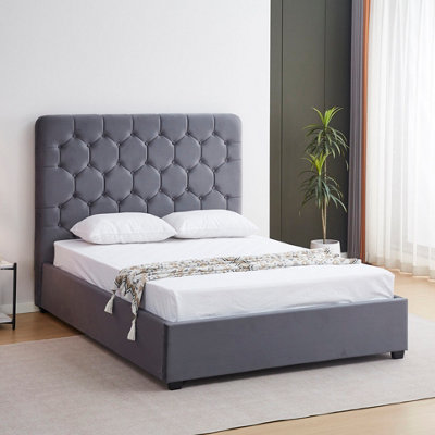 Seconique Grey Madison Ottoman 4'6" Double Bed Velvet Fabric With Buttoned Studs