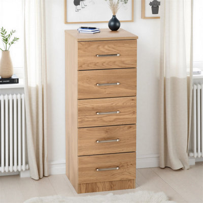 Seconique Dakota 5 Drawer Narrow Chest Of Drawers Oak Effect Metal Drawer Runners Handles Brown