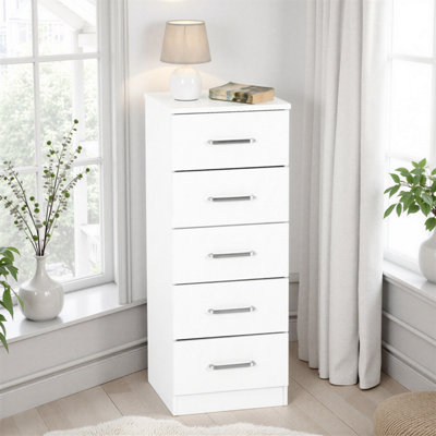 Seconique Dakota 5 Drawer Narrow Chest Of Drawers Metal Drawer Runners Handles White