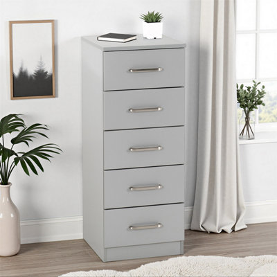 Seconique Dakota 5 Drawer Narrow Chest Of Drawers Metal Drawer Runners Handles Light/Grey