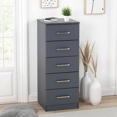 Seconique Dakota 5 Drawer Narrow Chest Of Drawers Metal Drawer Runners Handles Grey