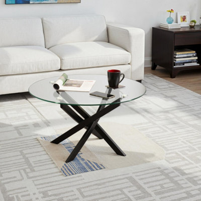 Seconique Sheldon Coffee Round Table Clear Glass Top With Stylish Wavy Legs Black