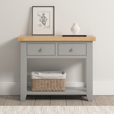 Seconique Windsor 2 Drawer Console Table Pebble With Oak Top Fully Assembled Grey