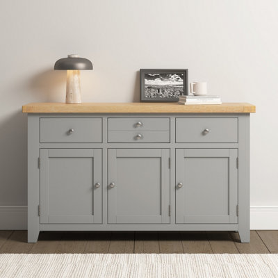 Seconique Windsor 3 Door 3 Drawer Sideboard Pebble With Oak Top Fully Assembled Grey