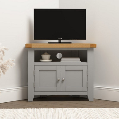 Seconique Windsor Corner Tv Unit Pebble With Oak Top Fully Assembled Grey
