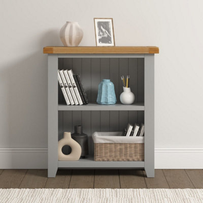 Seconique Grey Windsor Low Bookcase Pebble With Oak Top Fully Assembled