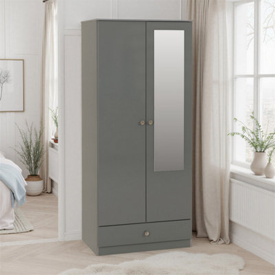 B&Q -  Denver 2 Door 1 Drawer Mirrored WardrobeGrey Gloss