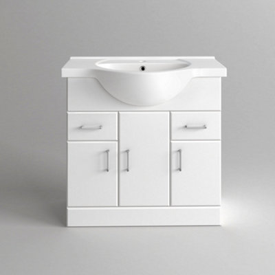 B&Q -  850mm White Gloss Basin Vanity Cabinet Bathroom Storage Furniture Sink Unit