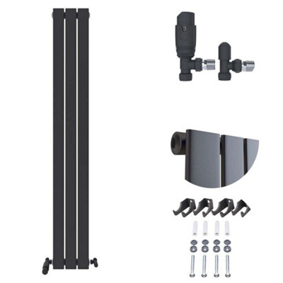 Ibathuk Belgravia Vertical Single Slim Flat Panel Radiator 1600Mm X 228Mm + Angled Valve- Anthracite/Grey