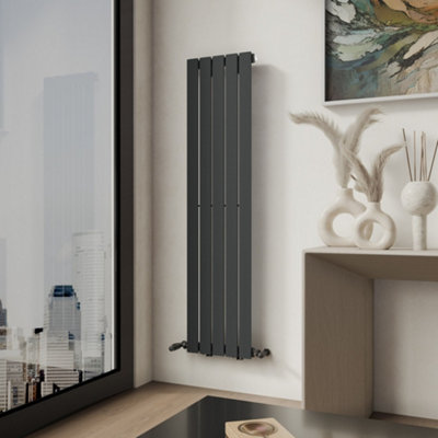 Ibathuk Belgravia Vertical Single Slim Flat Panel Radiator Anthracite 1600mm X 380mm + Angled Valve-Grey from B&Q