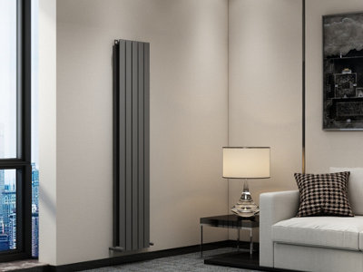 Ibathuk Belgravia Vertical Double Slim Flat Panel Radiator Anthracite 1800mm X 380mm + Angled Valve-Grey from B&Q