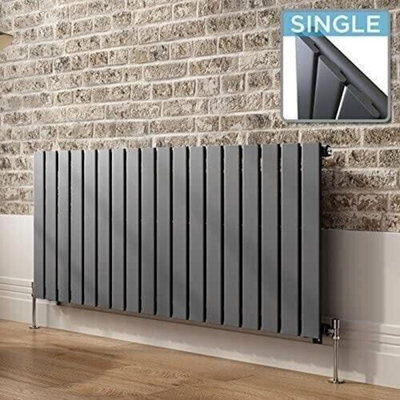 Ibathuk Belgravia Horizontal Single Slim Flat Panel Radiator Anthracite 600mm X 1368mm + Angled Valve-Grey from B&Q