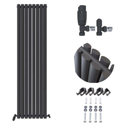 Ibathuk Princia Vertical Double Oval Panel Radiator 1800 X 480Mm + Angled Valve- Anthracite/Grey