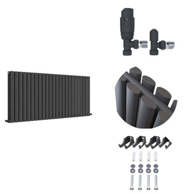 Ibathuk Princia Horizontal Double Oval Panel Radiator Anthracite 600 X 1440mm + Angled Valve-Grey from B&Q