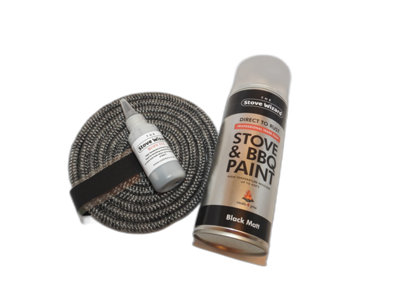 The Stove Wizard Black Stove Rope Paint Kit 400Ml 12mm X 2.5M With 50Ml Super Seal Adhesive For Flues Doors Wood Bbq Repairs from B&Q