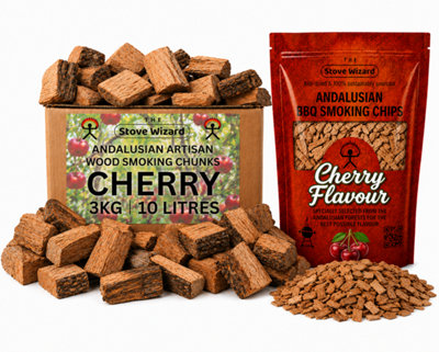B&Q -  Cherry Wood Chunks & Chips Bundle Bbq Smokers 3Kg Chunks 850G Chips Natural Eco