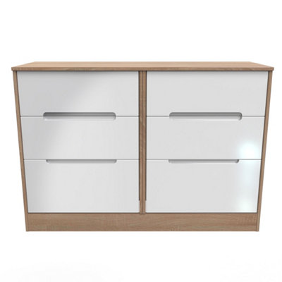 Turin 6 Drawer Wide Chest In White Gloss & Bardolino Oak (Ready Assembled) from B&Q