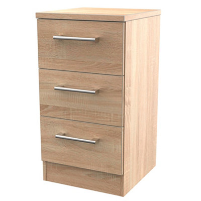 Brindisi Ready Assembled Matt Oak Effect 3 Drawer Bedside Table (H)695mm (W)395mm (D)415mm from B&Q