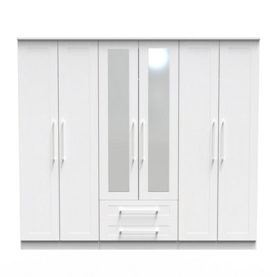 B&Q Ripon Tall 6 Door 2 Drawer 2 Mirror Wardrobe In Ash (Ready Assembled) White