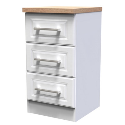 Sevilla Ready Assembled Matt White Light Oak Effect 3 Drawer Bedside Chest (H)695mm (W)395mm (D)415mm from B&Q