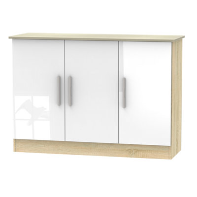 B&Q Trent 3 Door Sideboard In Gloss & Bardolino Oak (Ready Assembled) White