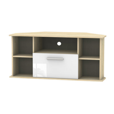 Trent Corner Tv Unit In White Gloss & Bardolino Oak (Ready Assembled) from B&Q