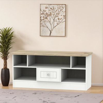 Ready Assembled White Oak Effect Media Unit With 2 Shelves(H)49.5Cm X (W)112Cm X (D)40Cm from B&Q