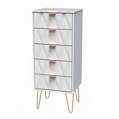 Pesaro Ready Assembled Matt White No Effect 5 Drawer Bedside Chest (H)1075mm (W)395mm (D)415mm from B&Q
