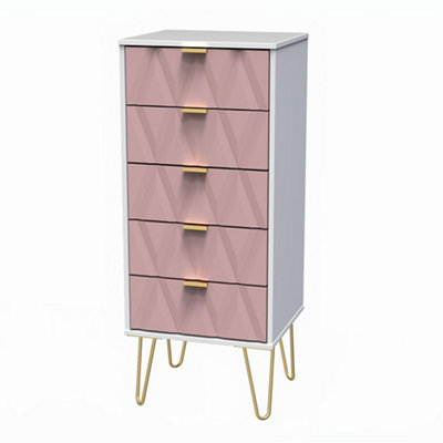 Pesaro Ready Assembled Matt Pink & White No Effect 5 Drawer Chest (H)1075mm (W)395mm (D)415mm from B&Q