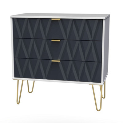  - Diamond Ready Assembled Matt Indigo & White No Effect 3 Drawer Wide Chest (H)695mm (W)765mm (D)415mm