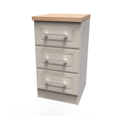  - Sevilla Ready Assembled Matt Beige Light Oak Effect 3 Drawer Bedside Chest (H)695mm (W)395mm (D)415mm