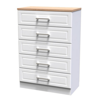 Sevilla Ready Assembled Matt White Light Oak Effect 5 Drawer Wide Chest (H)1075mm (W)765mm (D)415mm from B&Q