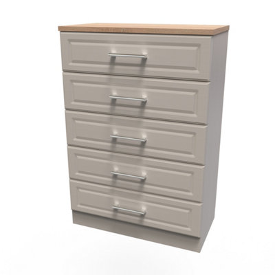 B&Q Kent Ready Assembled Matt Oak Effect 5 Drawer Wide Chest (H)1075Mm (W)765Mm (D)415Mm Beige/Light